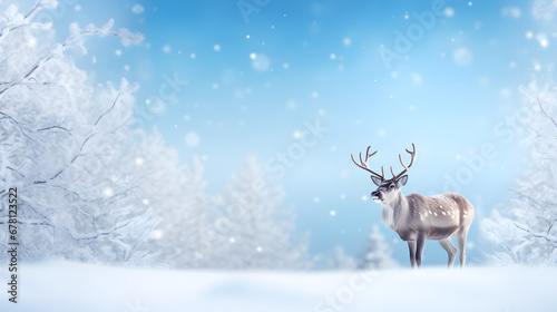Reindeer With their antlers, a snowy background, snow, snowflake, bokeh light, winter-themed background, web banner design, copy space, AI generative © Nusrat_j_VectorArt
