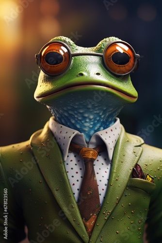 A picture of a green frog dressed in a suit and tie. Perfect for business, office, or formal-themed designs