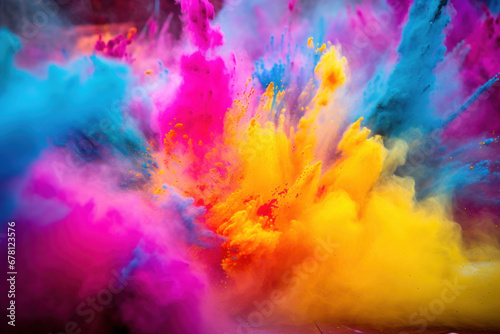 Vibrant holi color powder, dynamic splashes, explosive eruptions, vivid spots, festive celebration © Jam