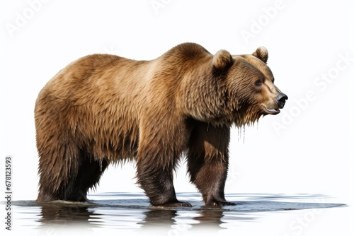 A powerful brown bear standing on top of a body of water. This image captures the strength and majesty of the bear in its natural habitat. Perfect for nature and wildlife enthusiasts