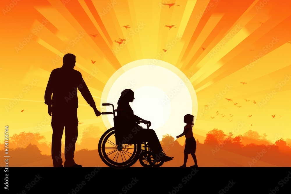 Fototapeta premium A man pushing a woman in a wheelchair. Suitable for depicting caregiving, disability, support, and mobility.