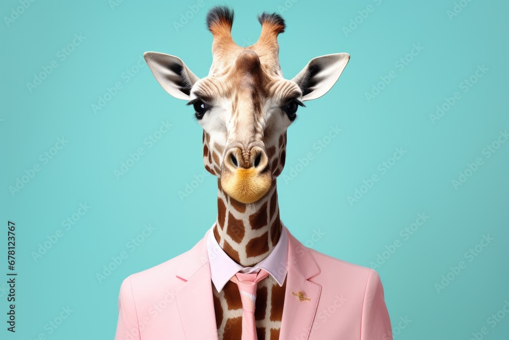 A picture of a giraffe dressed in a pink suit and tie. This image can be used for various purposes, such as fashion, humor, or animal-themed designs.