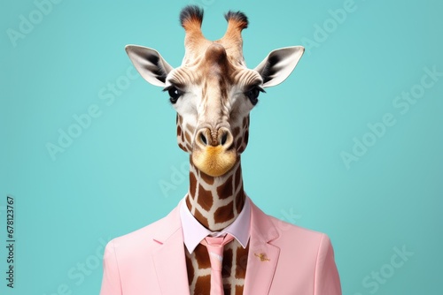 A picture of a giraffe dressed in a pink suit and tie. This image can be used for various purposes, such as fashion, humor, or animal-themed designs. © Fotograf
