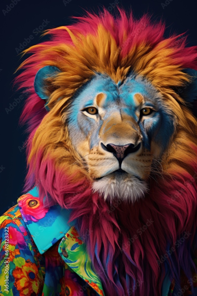A close-up photograph of a lion wearing a vibrant and colorful shirt. This image can be used to add a playful touch to various design projects.