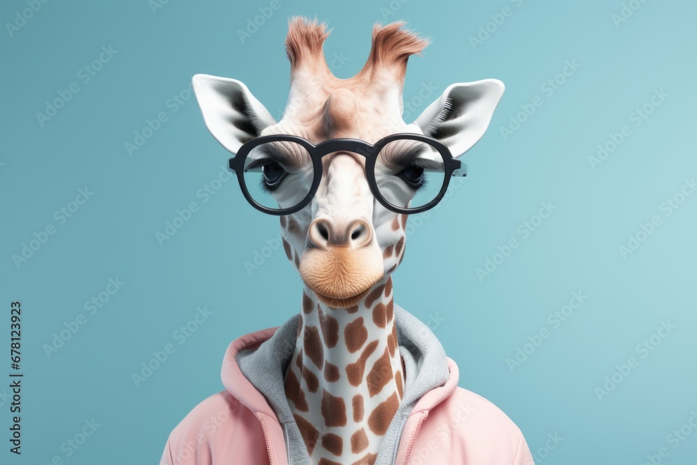 Naklejka premium A giraffe dressed in a pink hoodie and wearing glasses. This playful image can be used to add a touch of fun and whimsy to various projects.