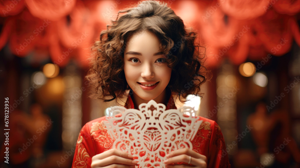 Chinese beautiful smiling girl with Chinese traditional clothing, holding a Red Chinese per cutting celebrating Chinese new year
