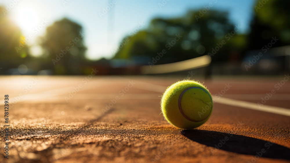close-up of a tennis ball lying on the court against the backdrop of a blurry net in sunset lighting