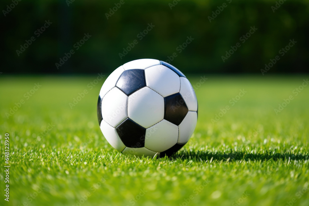 soccer ball on a well-kept green grass lawn football field