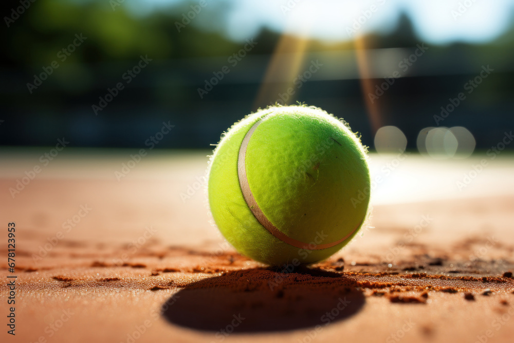 close-up of a tennis ball lying on the court against the background of a blurred net