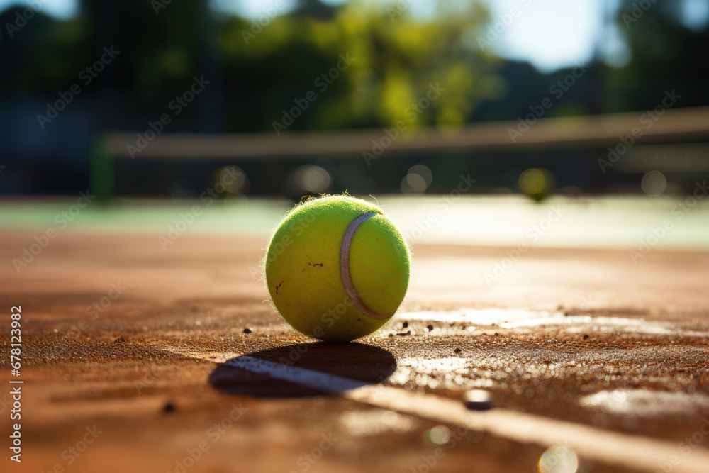a tennis ball lies on the court against the backdrop of a net