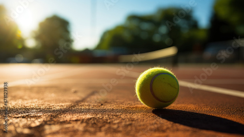 close-up of a tennis ball lying on the court against the backdrop of a blurry net in sunset lighting