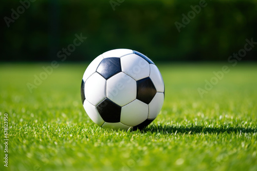 soccer ball on a well-kept green grass lawn football field © Jam