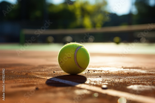 a tennis ball lies on the court against the backdrop of a net