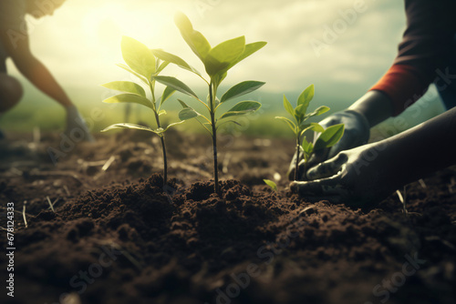 A close-up of hands planting a young tree in rich soil, emphasizing the importance of reforestation and environmental conservation