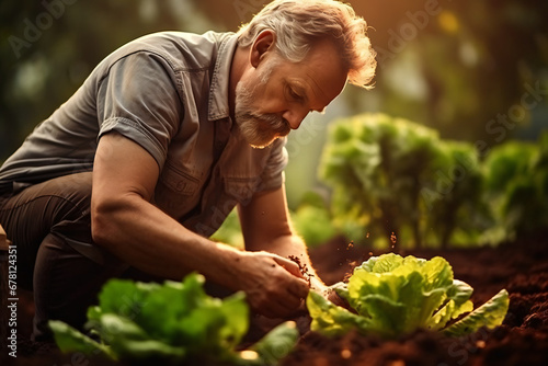 a man is picking leaves while planting in the garden