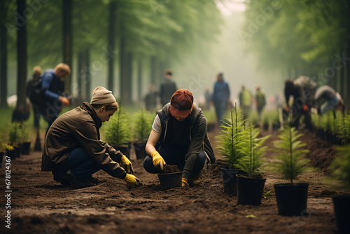 people are planting trees in a park