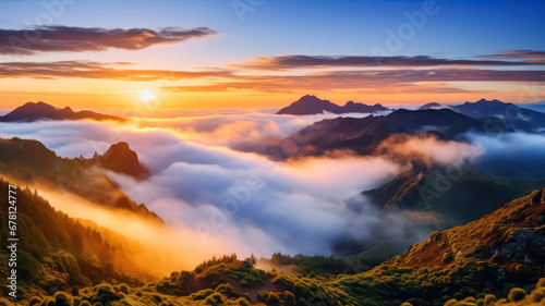 Sunrise over the clouds in the mountains. Beautiful summer landscape.