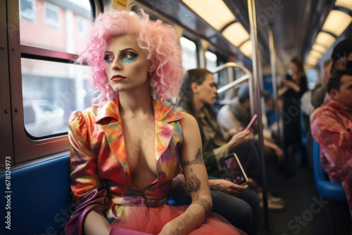 beautiful girl with pink hair in the subway car, fashion portrait