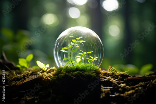 glass sphere of new life with green sprouts on earth