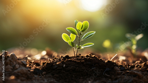 a green small tree growing on forest ground surrounded by the sun