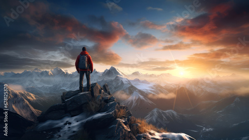 Hiker standing on top of a mountain and looking at the sunset