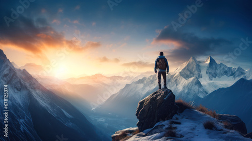 Man standing on the top of a mountain and looking at the sunset