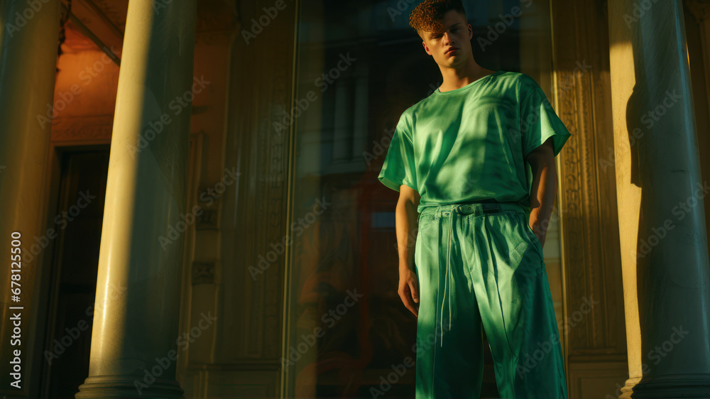 Fashionable young man in green jumpsuit posing in the city at night
