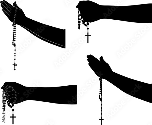 Illustration of hands silhouettes holding rosary isolated on white