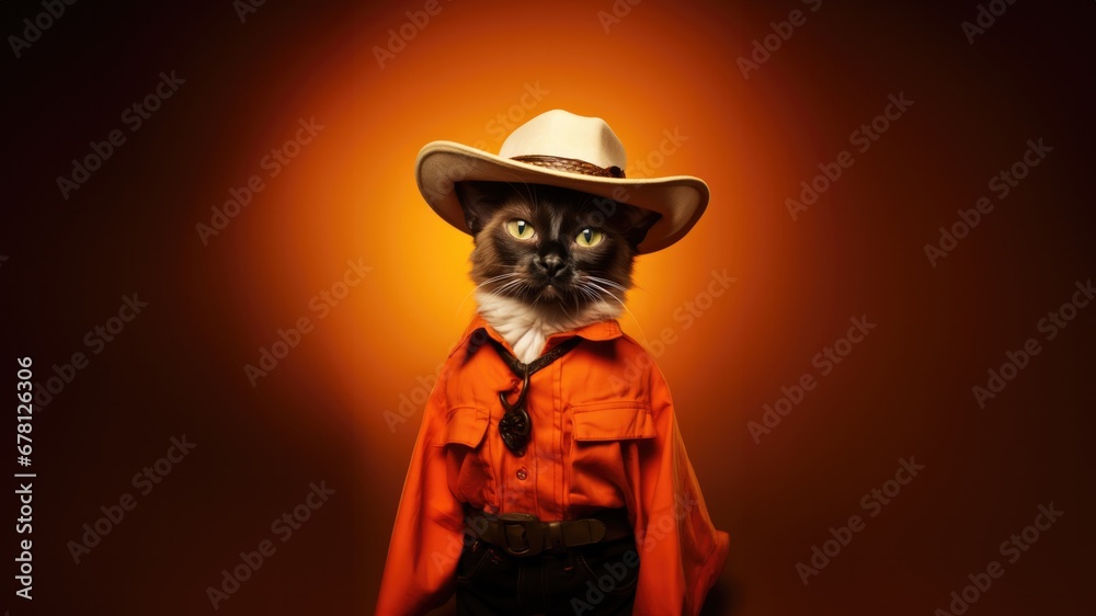 Balinese Cat Dressed As A Cowboy On Orange Color Background. Сoncept Cosplay Cat, Wild West Inspired, Adorable Costume, Fun Pet Portraits, Vibrant Background