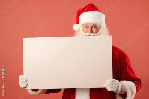 Santa Claus Holding Blank Banner - Peach Background