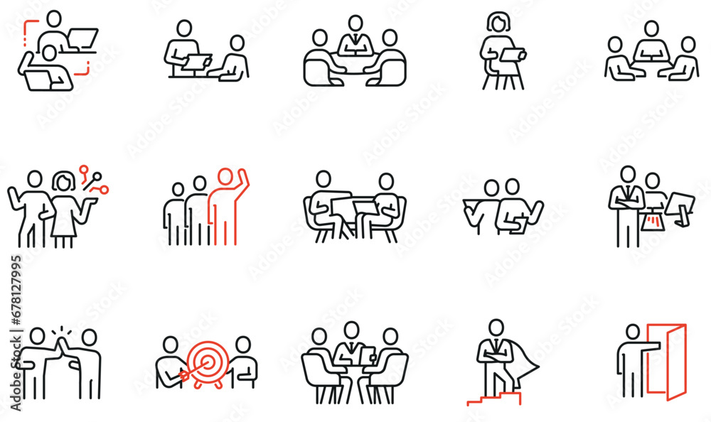 Vector set of linear icons related to human resource management, relationship, business leadership, teamwork, cooperation and personal development. Infographics design element - part 13