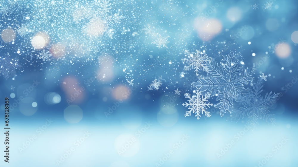 Snowflakes Falling, Bokeh Background, White Snow on Blue Background, Christmas Theme, Christmas Background, Copy Space, Christmas Ornaments Snowflakes Falling, Bokeh Background, White Snow on Blue Background, Christmas Theme, Christmas Background, Copy Space, Christmas Ornaments