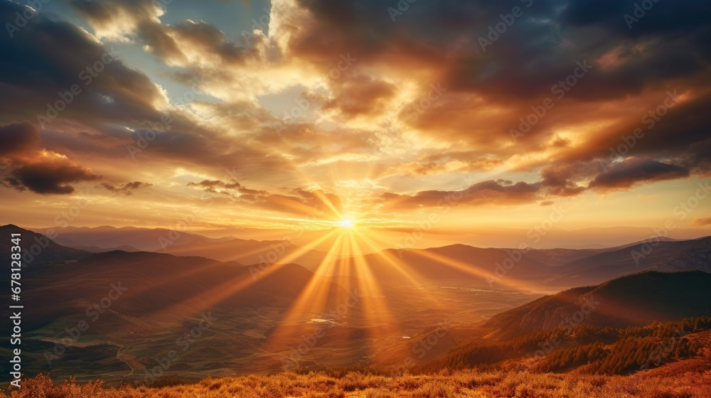Golden sundown behind the mountains with lots of sun rays in the dramatic sky Golden sundown behind the mountains with lots of sun rays in the dramatic sky
