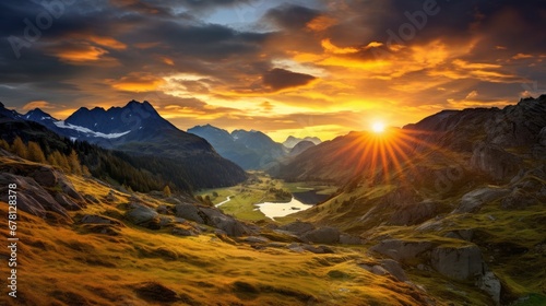 Golden sundown in Himalayas with lots of sun rays in the dramatic sky