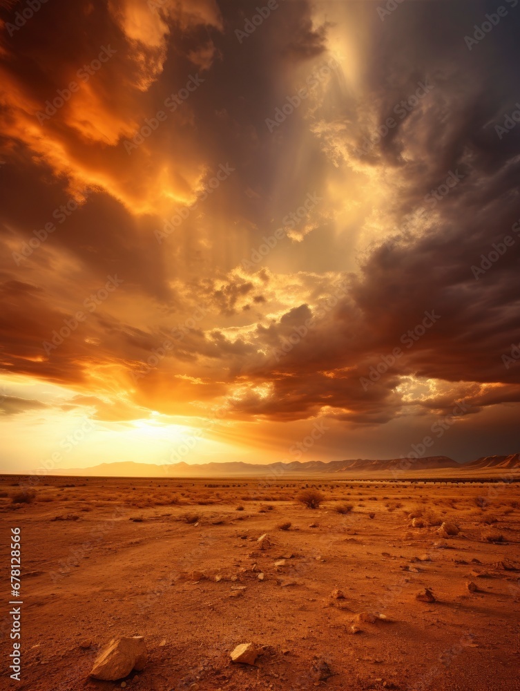 Fototapeta premium Golden sundown in the desert with lots of sun rays in the dramatic sky