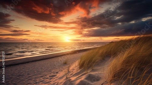 Golden sundown on the beach with lots of sun rays in the dramatic sky © shooreeq