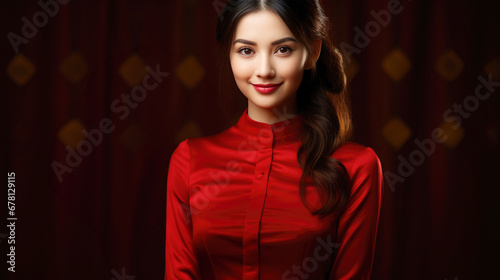 Chinese beautiful smiling girl with Chinese traditional clothing on Chinese new year background