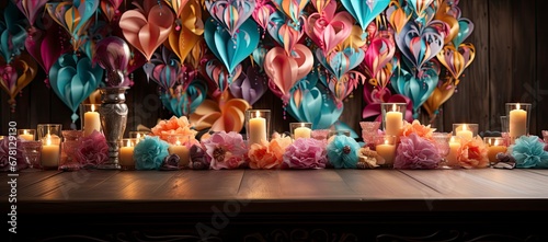 A collection of colorful Venetian masks and golden goblets  evoking a festive and mysterious masquerade ambiance.