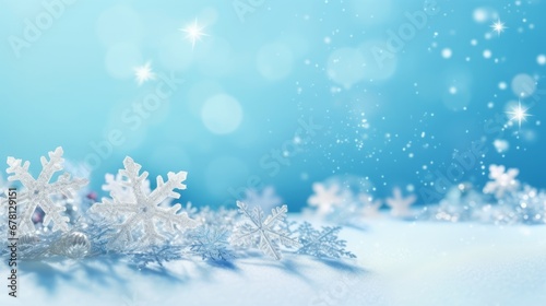 Snowflakes Falling, Bokeh Background, White Snow on Blue Background, Christmas Theme, Christmas Background, Copy Space, Christmas Ornaments
