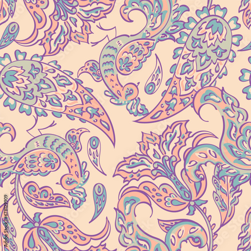 Paisley vector seamless pattern with Birds. Damask style fabric illustration