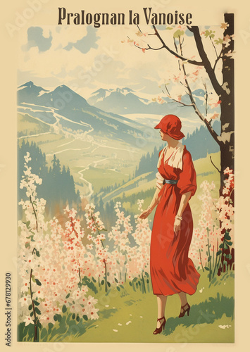Vintage french postcard, spring in France, retro french postcard 1920's, french fashion women, french nature landscape 