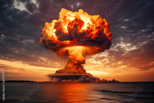 Terrible explosion of a nuclear bomb with a mushroom in the desert. Hydrogen bomb test. Nuclear catastrophe, AI generated photo