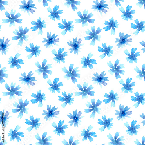 Watercolour blue flowers seamless pattern. Hand drawn illustration. Floral on white background.