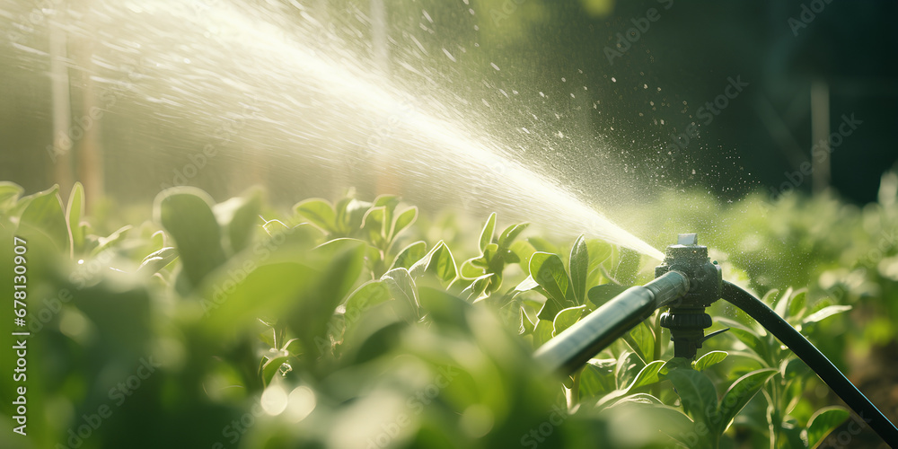 sprinkler spraying water over a fresh lettuce orchard, AI generated - obrazy, fototapety, plakaty 