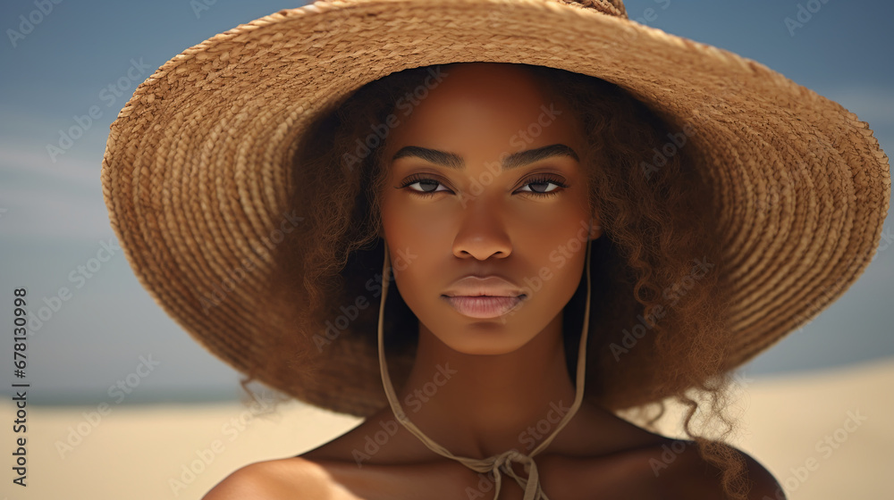 portrait of a beautiful African American girl in a straw hat 