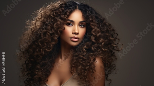 portrait of a beautiful young African American woman with long curly hair photo