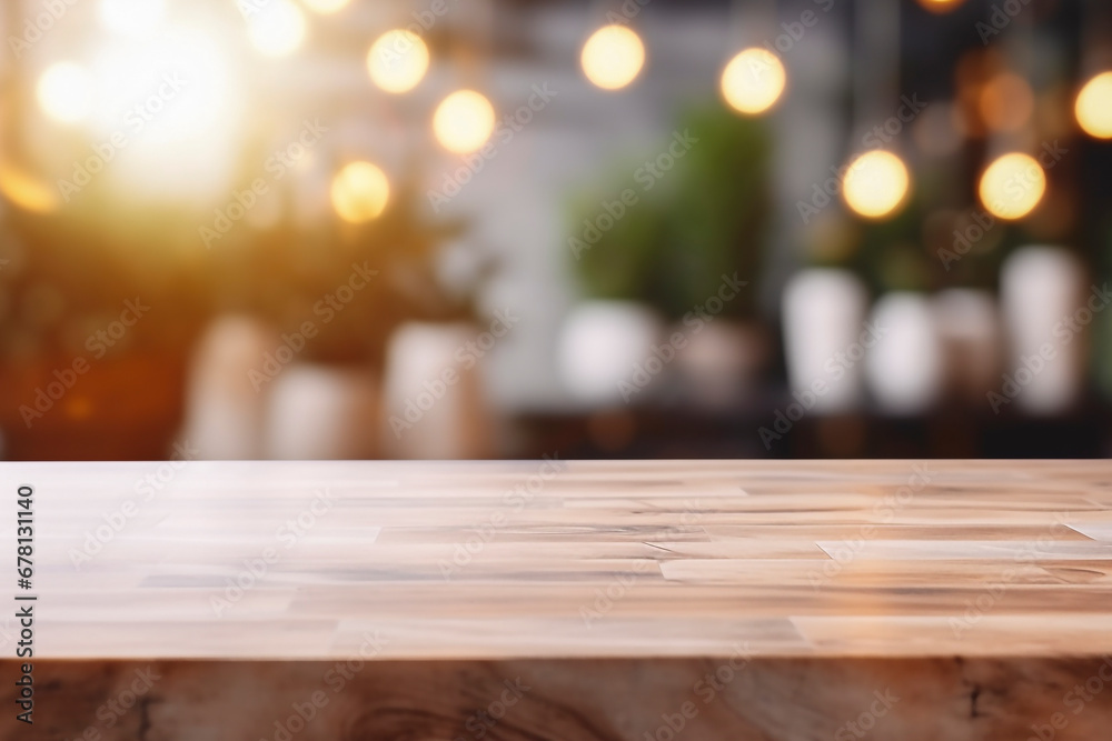 Empty beautiful wood table top counter and blur bokeh modern kitchen interior background in clean and bright,Banner, Ready for product montage Empty beautiful wood table top counter and blur bokeh modern kitchen interior background in clean and bright,Banner, Ready for product montage
