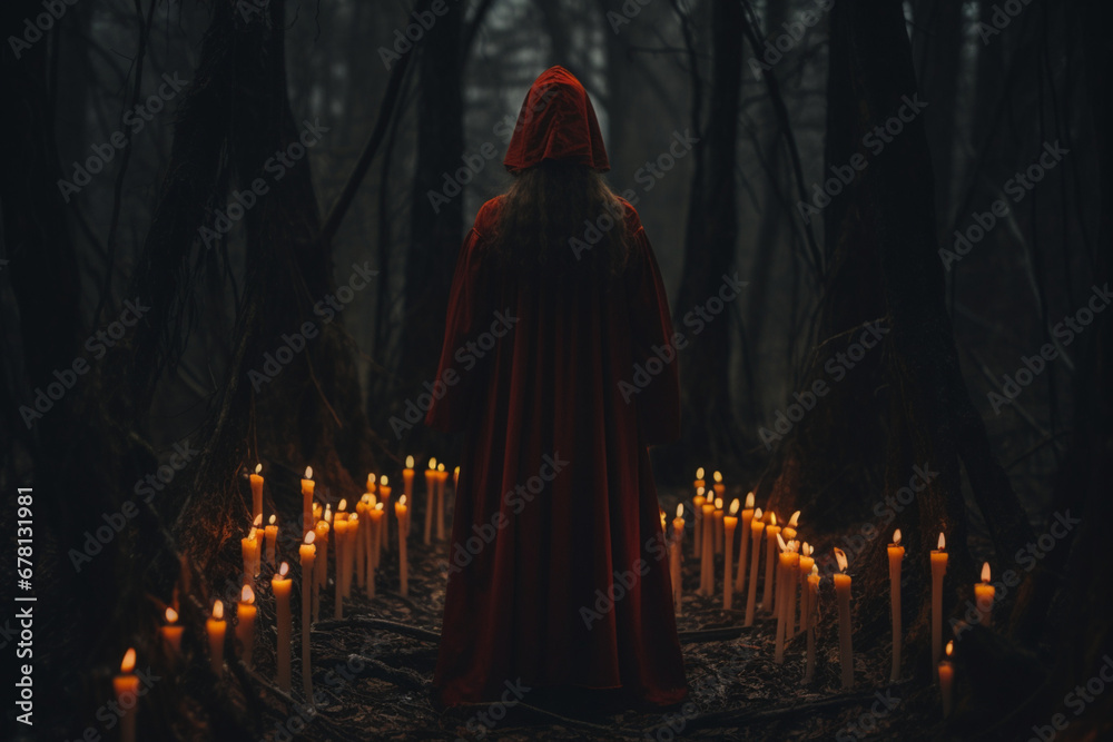 rear view of Mystic girl in red cloak holding candelabrum with flaming candles in dark woods, dark light photography