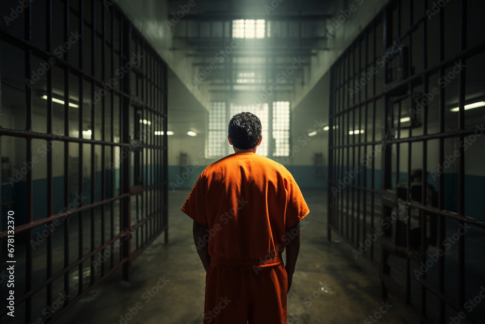 rear view of prisoner in orange uniform standing in prison cell , soft light photography