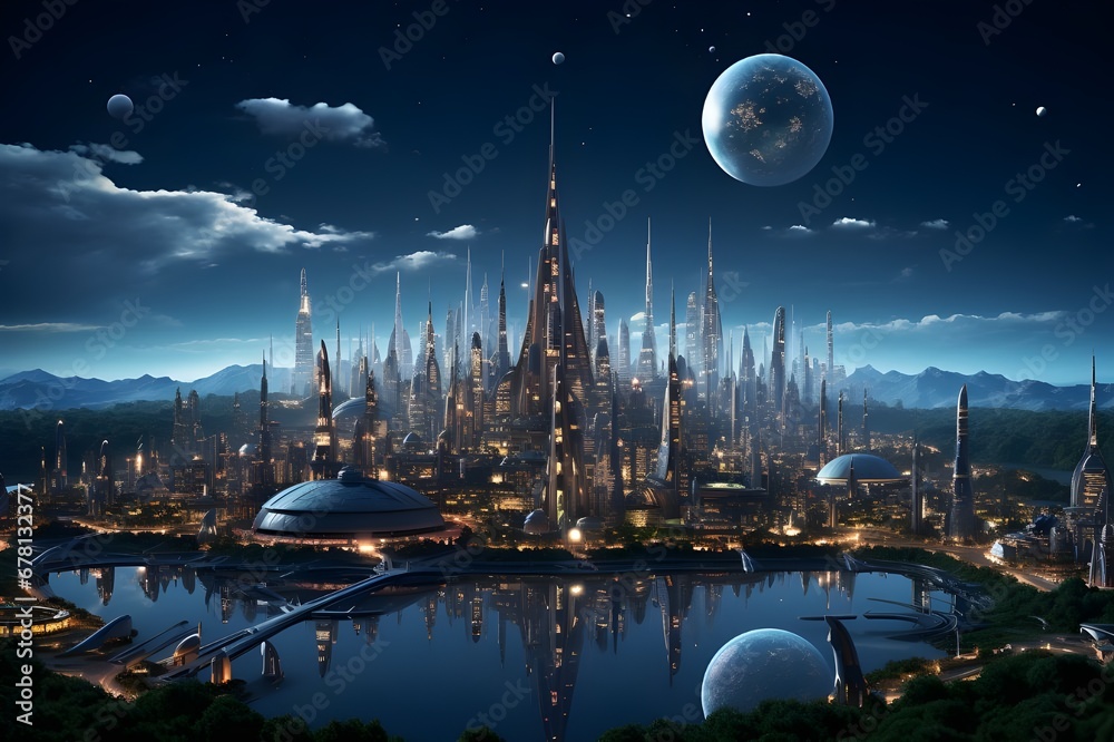 Moon Over Futuristic Metropolis Moon Over Futuristic Metropolis